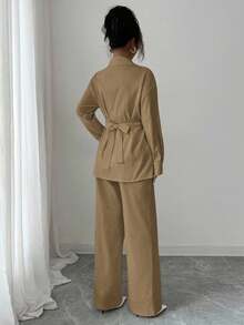 Modelyn Women's Woven Collar Long Sleeve Tie-Up Cotton Fitted 2 Pieces Set - Khaki - View 2