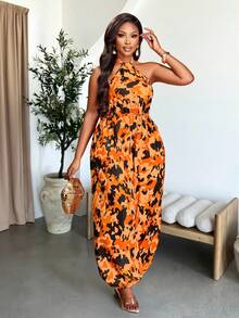 Brilight 女士日常休闲装，适合假日、通勤、度假和音乐节等场合。波西米亚风无袖连体裤，蝴蝶结系带露背领口，收腰设计，饰有印花图案。女士春夏装。 - 橘色 - 查看 6