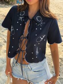 Livesso Blue Seashell & Starfish Print Tie Front Bow Knot Casual Beach Shirt, Suitable For Spring, Summer, Music Festivals, Valentine's Day, Weddings - Navy Blue - View 4