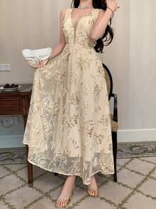 DAZY 女士优雅花卉亮片纹理V领无袖长连衣裙，适合春夏穿着 - 米色 - 查看 4