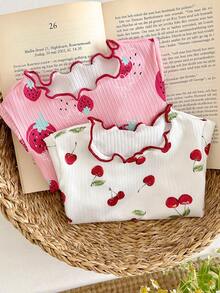 SHEIN 2pcs/Set Babygirl Cute Casual Versatile Strawberry & Cherry Print Short Sleeve T-Shirt - Multicolor - View 1