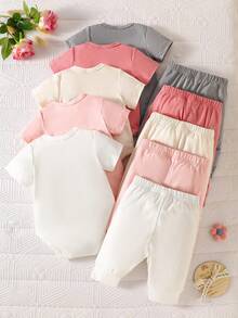 SHEIN Bộ quần áo 5 món cho bé sơ sinh | Gồm áo liền quần tay ngắn + quần dài màu hồng/be/nâu/trắng, chất liệu vải cotton co giãn, viền may tinh tế, dễ thương và thân thiện với làn da, phù hợp cho mùa xuân/thu, dự tiệc và dã ngoại. - Nhiều màu - Xem 2