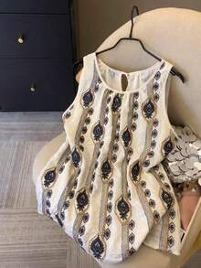 Franclia 2026新款女士印花圆领无袖法式沙滩度假上衣，优雅时尚，休闲百搭，适合通勤、商务办公、日常休闲、约会等场合。 - 彩色 - 查看 1