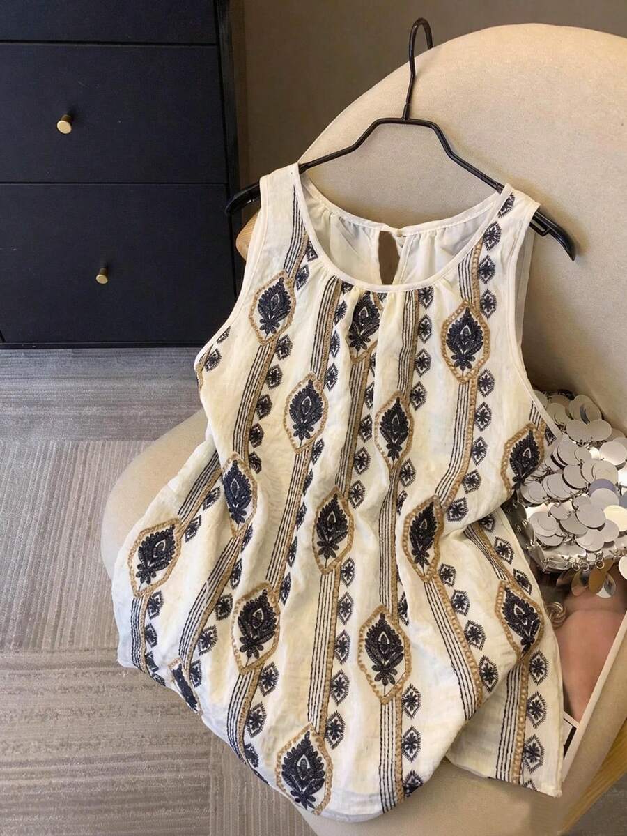 Franclia 2026新款女士印花圆领无袖法式沙滩度假上衣，优雅时尚，休闲百搭，适合通勤、商务办公、日常休闲、约会等场合。 - 彩色 - 查看 1