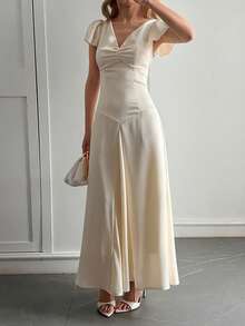 Livesso 春季V领花瓣袖伴娘婚礼宾客派对优雅收腰缎面中长连衣裙 - 淡黃色 - 查看 5