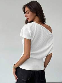 Aloruh Áo kiểu nữ cổ lệch màu trơn, phong cách thường ngày, thích hợp cho mùa hè. - trắng - Xem 2