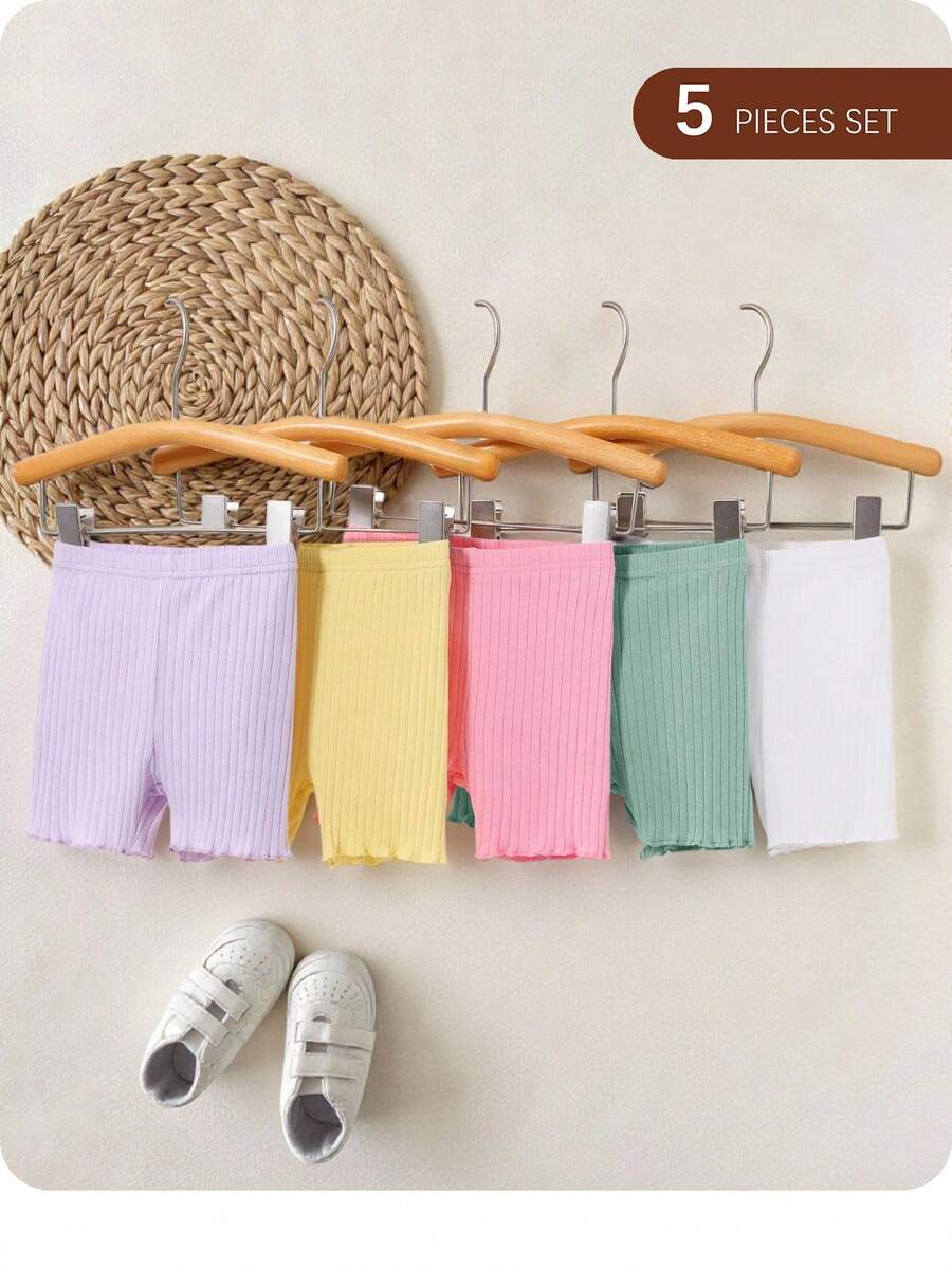 5pcs Baby Girls' Casual Solid Color Elastic Waist Shorts Set - Black - View 1