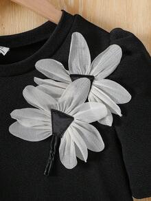 1pc Tween Girl Bowknot Pleated Short Sleeve Dress, Loose Fit, Spring/Summer - Black - View 4