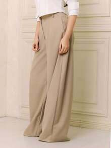 Criza Taa 超宽腿褶裥西装套装，仅含可爱约会之夜、外出夜游、工作、办公室、冬季派对、优雅情人节及春季穿着的裤子。 - 卡其色 - 查看 6