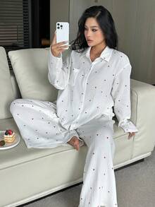 Dazy Plus Bộ đồ ngủ dài tay rộng rãi in hình trái tim và quần dài, cỡ lớn dành cho nữ, thích hợp cho mùa xuân/thu. - trắng - Xem 3