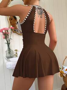 SHEIN Swim Lushore Áo tắm nữ mùa hè kẻ sọc kiểu yếm - màu nâu - Xem 2