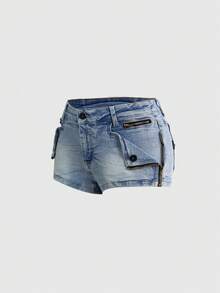ROMWE Grunge Punk Quần short denim nữ cạp siêu thấp, thêu hình đầu lâu và đính đinh tán theo phong cách Y2K. - Màu xanh nhạt - Xem 5