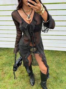 SHEIN EZwear 女士黑色网纱透视荷叶边V领长袖上衣 - 黑色 - 查看 6