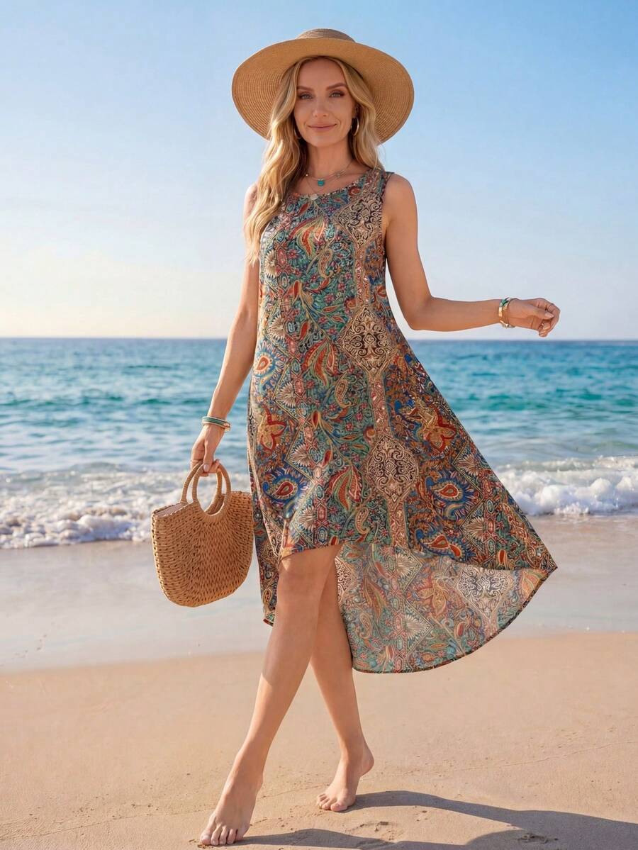 Sylviya 女士休闲佩斯利印花圆领无袖度假连衣裙 - 藍色 - 查看 1