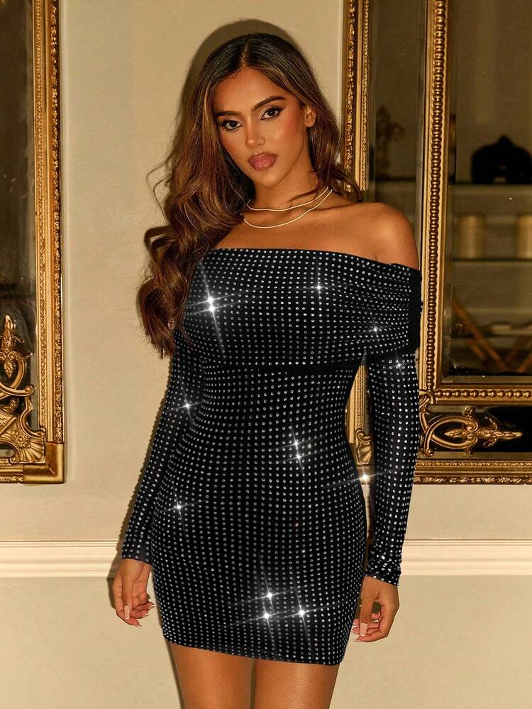 SHEIN ICON Vestido mini con hombros descubiertos, malla y adornos de strass - Negro - Añade 1