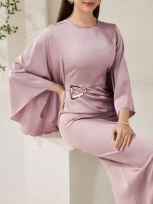 Veilorie Đầm dài ôm dáng, thanh lịch, tối giản, sang trọng dành cho nữ, thích hợp dự tiệc, dạ hội, với tay áo loe và điểm nhấn kim loại. - Hồng - Xem 3