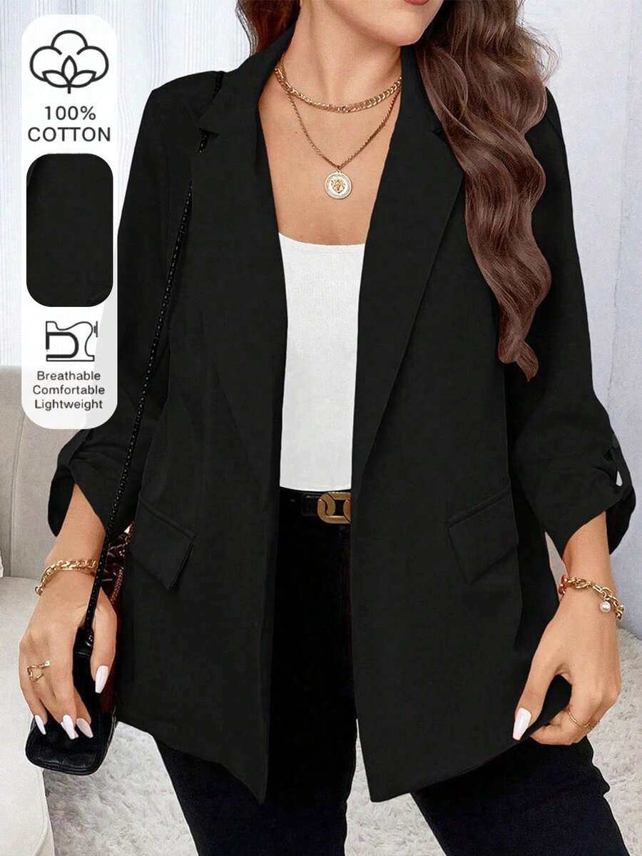 SHEIN Unity Plus Roll Tab Sleeve Open Front Blazer Graduation,Back To School,Teacher Outfits For Women Fall Cloth For Women Autumn - Black - View 1
