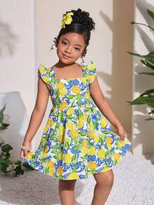女童柠檬印花镂空蝴蝶结腰部休闲连衣裙，时尚百搭，适合派对、郊游、姐妹合照、公园、露营、度假、日常休闲穿着 - 黃色 - 查看 2