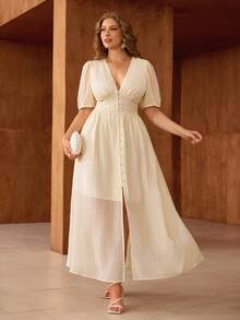 Lyrianda Elegant Plus Size Light Yellow A Line Long Dress With Deep V Neck Puff Half Sleeves Shirred Details - Light Yellow - View 4