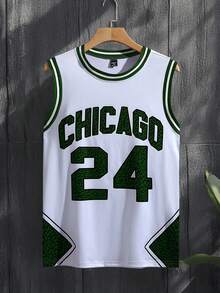 Aesthetic Post Men's Summer Casual Sports Collegiate Style Numeric & Letter Print Contrast Striped Binding Basketball Jersey - Green - View 5
