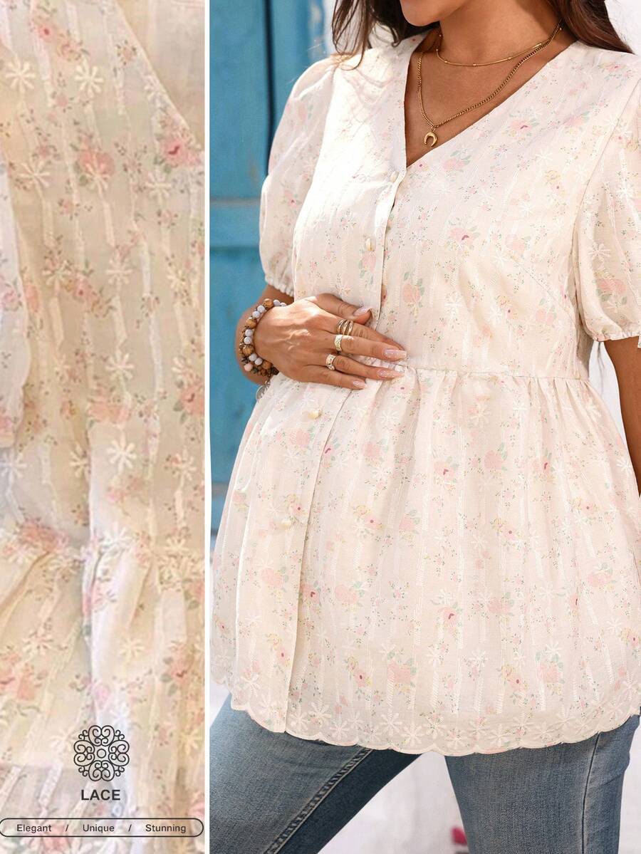 SHEIN 孕妇休闲V领短袖印花衬衫,夏季度假,夏季 - 杏色 - 查看 1