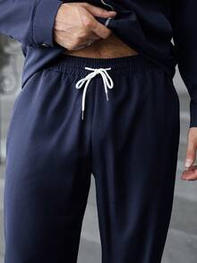 Manfinity Homme Conjunto de chaqueta con cremallera y pantalones largos con cordón en la cintura, unicolor minimalista para uso casual y de oficina para hombres, primavera/otoño - Azul Marino - Ver 6