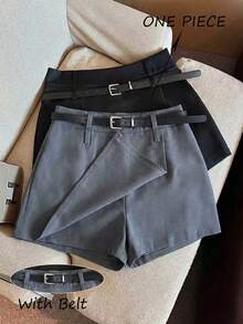 Franclia Korean Style, Versatile, Irregular High-Waisted, Slimming Suit Shorts/Skirt With Belt; Women's Shorts For Spring/Summer; Women's Mini Shorts; Summer Outfits; Elegant Women's Shorts. - Grey - View 3
