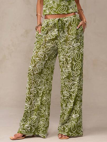 SHEIN BAE Green Textured Jacquard Embroidered Crochet Knit Wide Leg Pants, Summer Casual Trousers, Suitable For Holidays, Beach