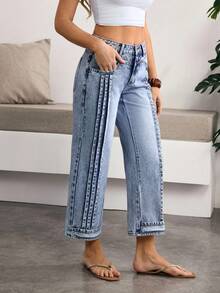 Breezaya Quần jeans ống đứng dáng rộng, thoải mái, thích hợp cho kỳ nghỉ của nữ. - Rửa tối - Xem 5