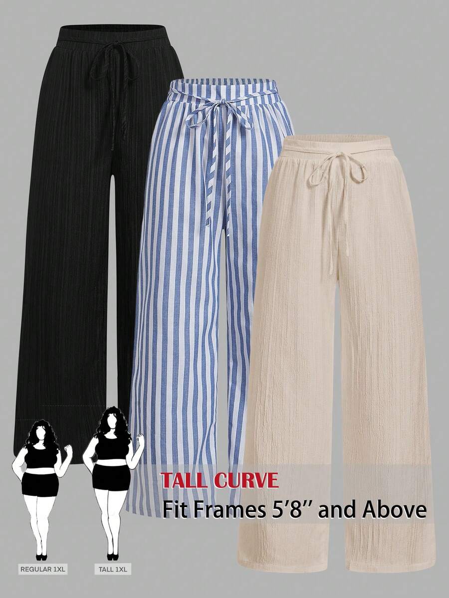 SHEIN Tall CURVE CURVE 女款大尺碼三件組 黑色與淺藍色抽繩寬腿褲 高腰直筒居家休閒褲 秋季米色休閒款 - 彩色 - 查看 1