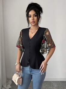 Elenzga Women's V-Neck Button Design Floral Embroidery Mesh Ruffle Trim Elegant Blouse - Black - View 6
