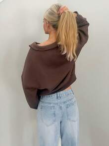 Sydney Algeri Women's Loose Solid Half Zip Thermal Lining Sweatshirt - Coffee Brown - View 2