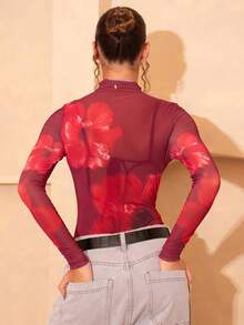 juhmazzocco Women's Spring&Summer Floral Print Stand Collar Long Sleeve See-Through Sexy Bodysuit - Red - View 2
