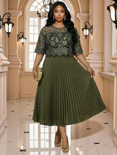 Fleurora Spring And Summer Elegant Commuting Office Party Cocktail Party Concert/Music Festival Deep Red Overlap Collar Wrap Flounce Sleeve Lace Up Bodycon Dress Midi Short Sleeve Plus Size Dresses