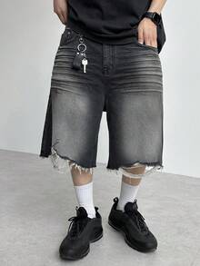 DAZY 男士黑色水洗做旧牛仔短裤，夏季 - 黑色 - 查看 1
