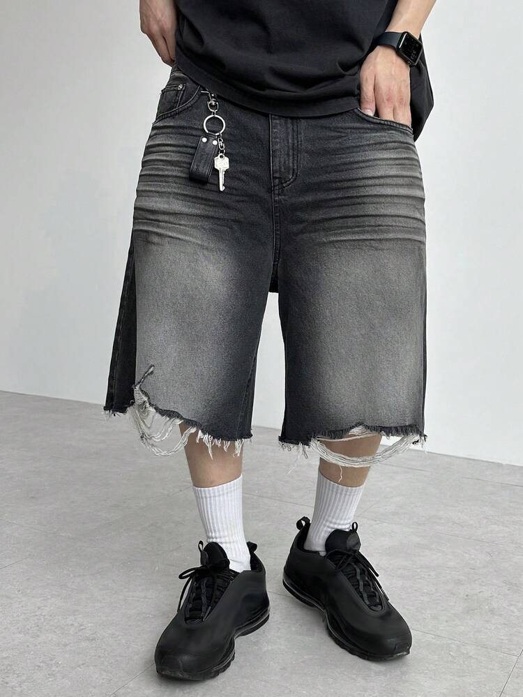Men's Black Washed Distressed Denim Shorts, Summer