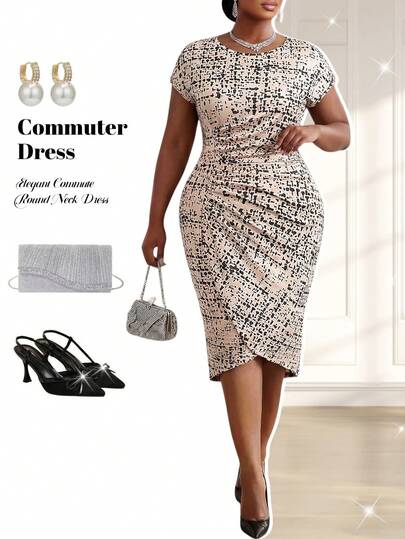 Fleurora Rochie de vară plisată, cu guler rotund, mânecă scurtă, mărime plus