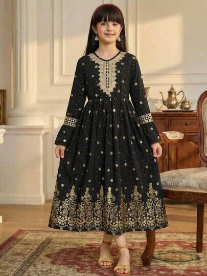 Girls' Classic Elegant Middle Eastern Special Lace Collar Paired With Woven Metallic Fabric, Loose And Comfortable Fit, Suitable For Spring, Summer, Autumn Daily Commute, Outdoor Play, Parties, And Photoshoots. Ramadan Abaya Jalabiya Traditional Arab Clothing