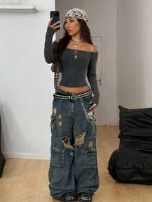 Coolane 女士灰黑条纹露肩长袖T恤 – 95%纯棉，复古朋克哥特街头风，适合音乐节、学校、运动等场合 - 彩色 - 查看 6