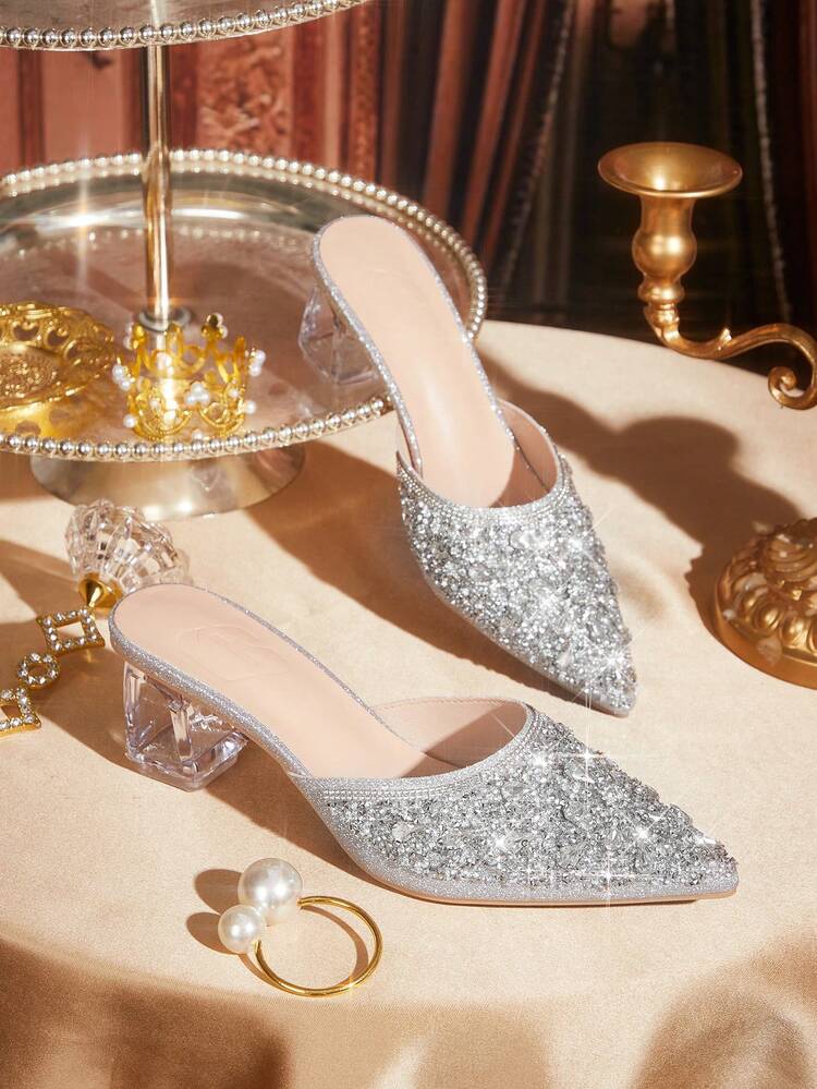 CUCCOO TILAWA Women's Crystal Heel Glass Rhinestone Decor Pointed Toe High Heel Pumps, Suitable For Outings, Banquets, Parties And Other Events Valentine's Day