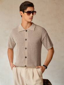 RONVEXI 男士夏季度假款前开襟镂空针织衬衫 - 杏色 - 查看 4