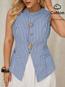Auralis Blusa de tirantes con botones frontales a rayas, de estilo casual y talla grande para el verano - Azul - Ver 1