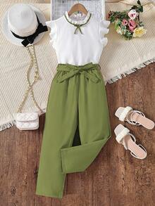 Teen Girl Summer Ruffle Hem Round Neck Top With Bow Decorations And Casual Pants 2pcs/Set,Holiday,Summer,Travel - Army Green - View 4