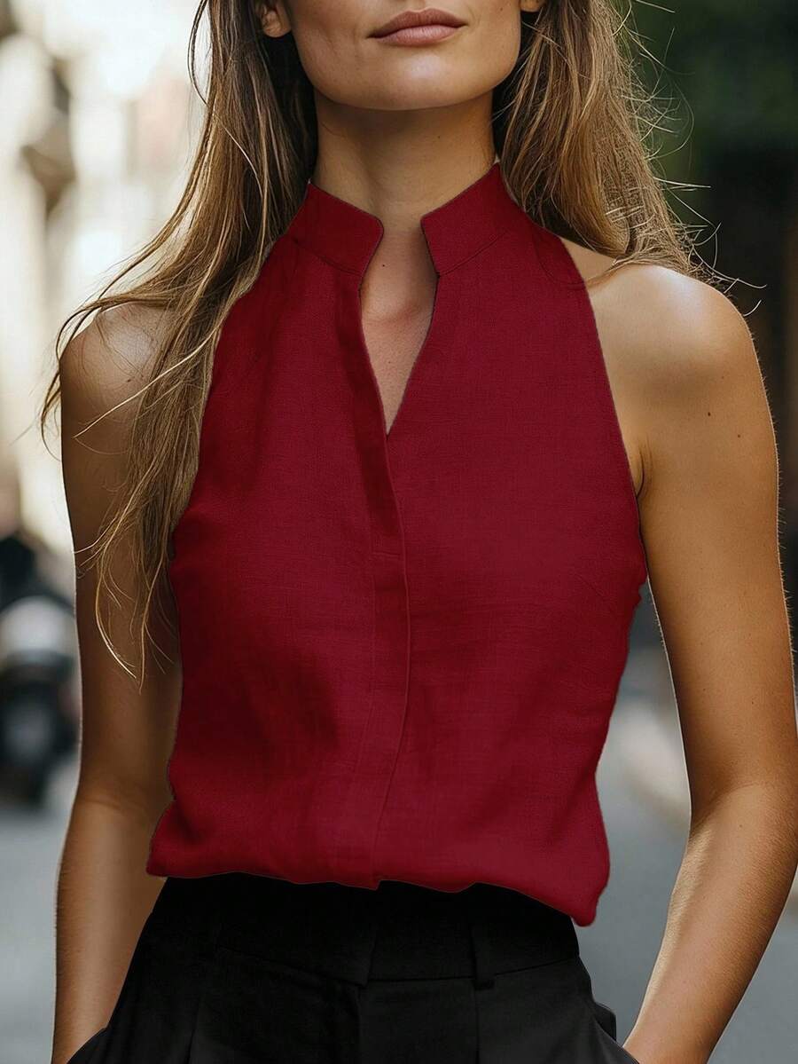 EMERY ROSE Women's Sleeveless Mandarin Collar Linen-Like Tank Top, Versatile And Slimming For Commuting - Rose Red - View 1