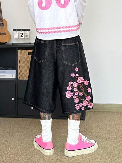 STEELVANCE Vintage Versatile Niche Design Floral Embroidery Loose Wide Leg Casual Denim Shorts, Suitable For Summer