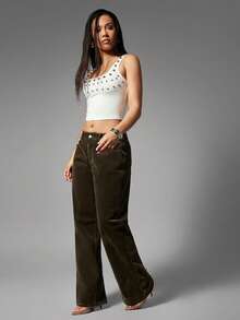 Denimoi Quần jeans ống đứng chất liệu denim nhung, khóa kéo phía sau, phong cách đường phố thời thượng, cá tính và gợi cảm. - xanh quân đội - Xem 4