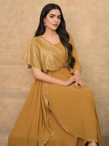 DAZY 女士优雅亮片拼接不对称连衣裙，夏季 - 黃色 - 查看 1