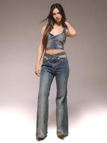 MUSERA 镂空交叉牛仔露脐上衣，冬季可爱街头风休闲西部风，褪色设计 - 藍色 - 查看 5