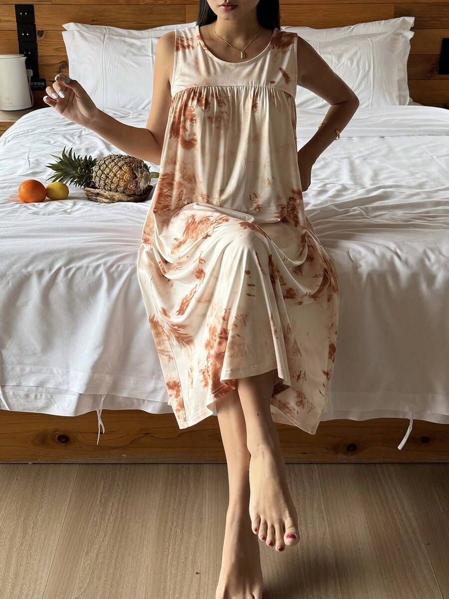 DAZY Áo ngủ dài không tay dáng rộng cho nữ, họa tiết ombre, thích hợp cho mùa hè. - Màu be - Xem 1