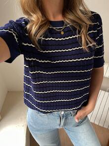 Livesso Women's Striped Hollow-Out Short Sleeve Knit Top - Navy Blue - View 5